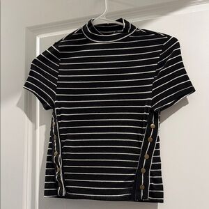 Free People Black and White Striped Button Top